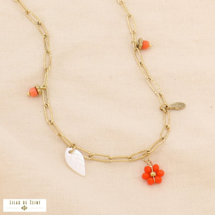 Collier pampilles fleur feuille plume acier inox nacre pierre 0124143 rouge corail