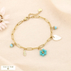 Bracelet acier inox pampilles fleur feuille plume nacre pierre 0224103 bleu turquoise
