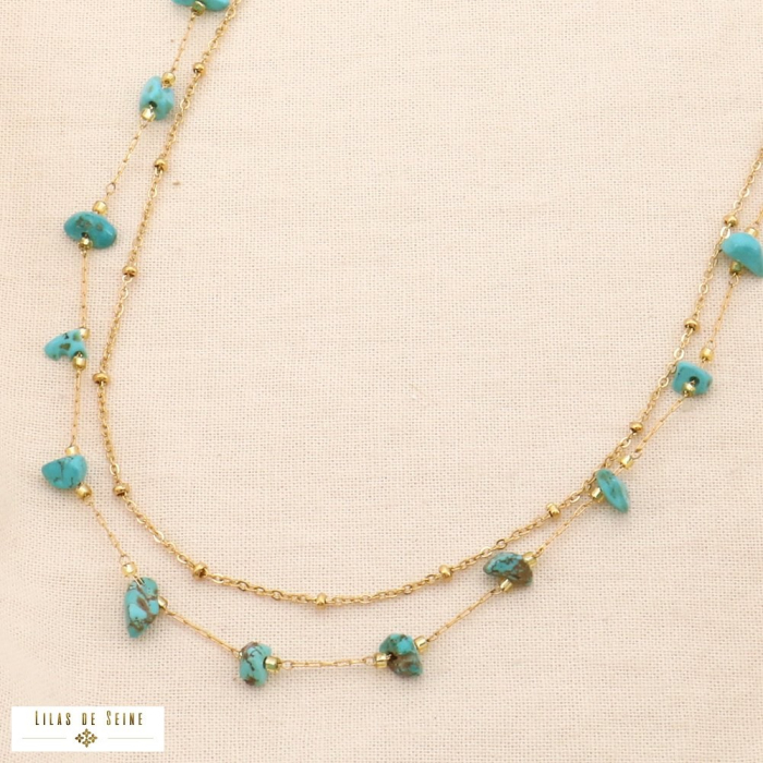 Collier double-ranges acier inoxydable pierre naturelle 0124145 bleu turquoise