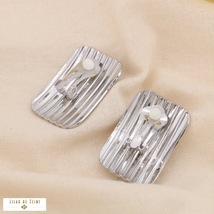 Boucles d'oreilles CLIPS acier rectangle gravé rayures 0324163 argenté