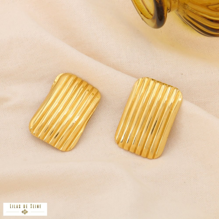 Boucles d'oreilles CLIPS acier rectangle gravé rayures 0324163 doré