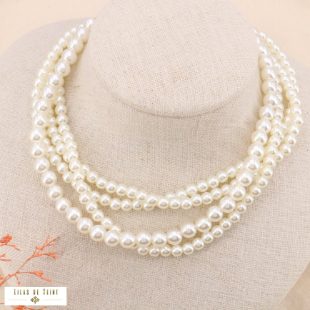 Collier multi-rangs imitation perle acrylique acier inoxydable 0124173 blanc