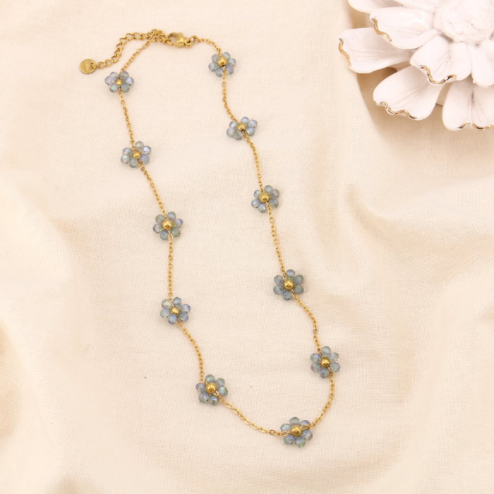 Collier acier inoxydable fleurs bille facettée cristal 0124135 violet
