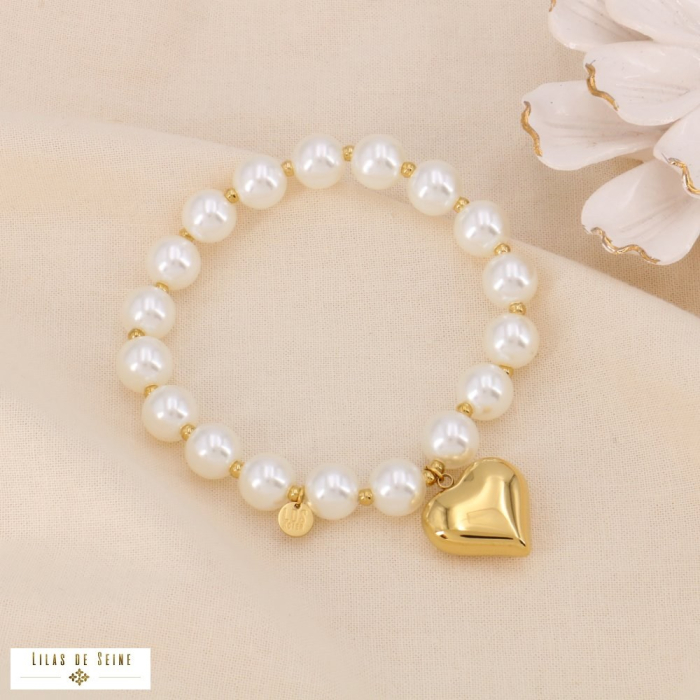 Bracelet élastique acier inox coeur grosses perles d'imitation 0224110 blanc