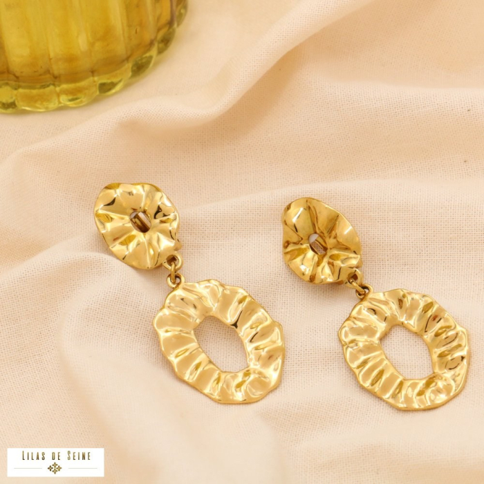 Boucles d'oreille CLIPS acier inoxydable martelé ovale pendant 0324202 doré