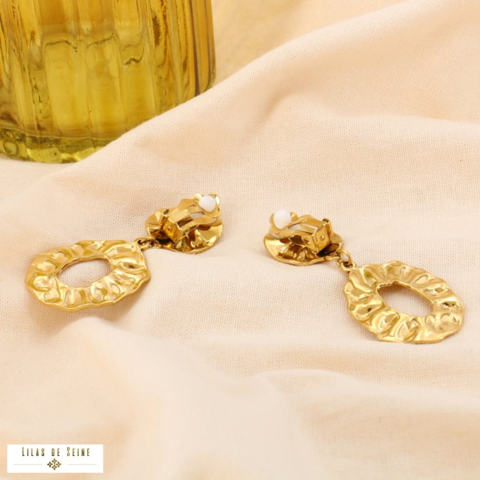 Boucles d'oreille CLIPS acier inoxydable martelé ovale pendant 0324202 doré