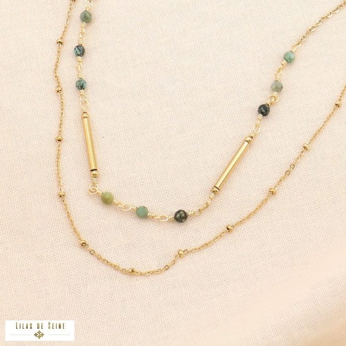 Collier double-rangs acier inoxydable bille pierre facettée 0124200 vert