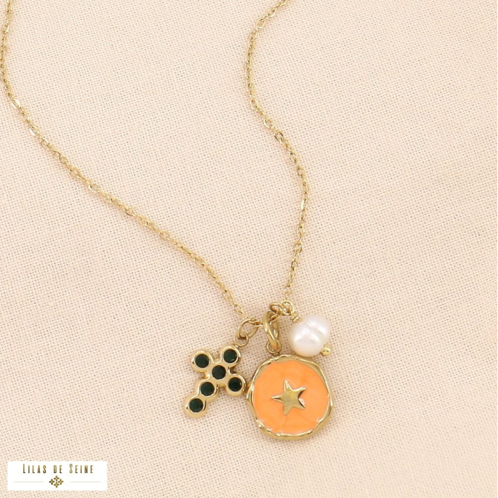 Collier à breloques acier inox étoile croix perle d'eau douce 0124202 orange