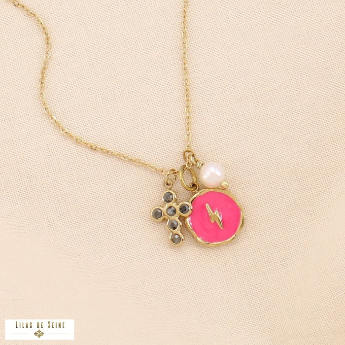 Collier à breloques acier inox éclair croix perle d'eau douce 0124203 fushia