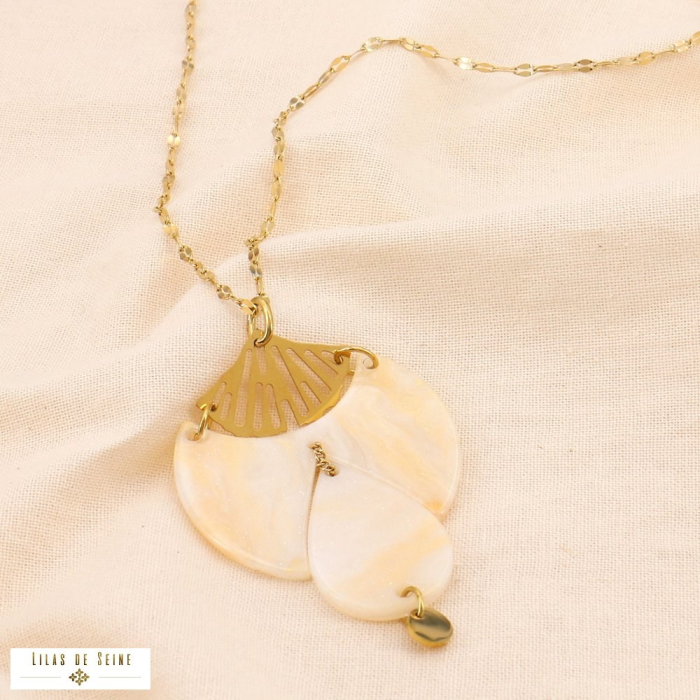 Sautoir acier inoxydable pendentif résine marbré goutte ginkgo 0124557 naturel/beige