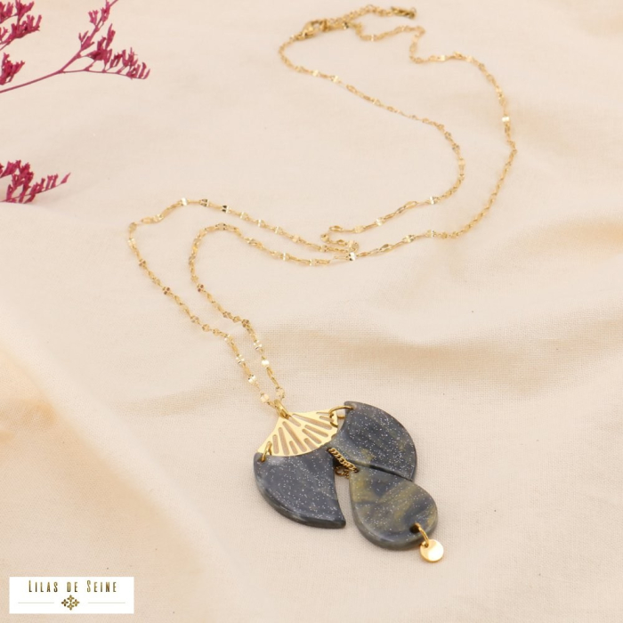 Sautoir acier inoxydable pendentif résine marbré goutte ginkgo 0124557 gris clair