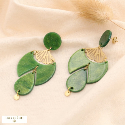 Boucles d'oreilles acier inox résine marbrée goutte ginkgo 0324532 vert
