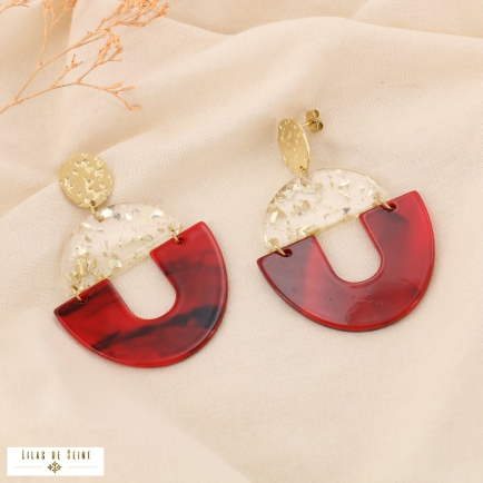 Boucles d'oreilles XXL scintillant martelé marbré acier résine 0324531 rouge bordeaux