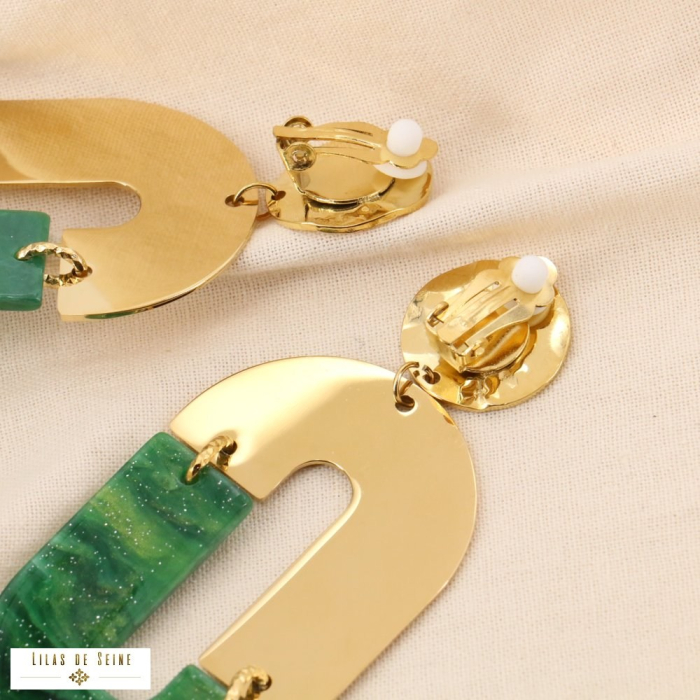 Boucles d'oreilles ovale XXL martelé marbré acier résine 0324533 vert