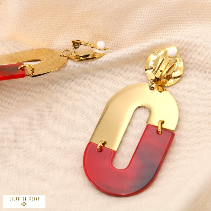Boucles d'oreilles ovale XXL martelé marbré acier résine 0324533 rouge bordeaux