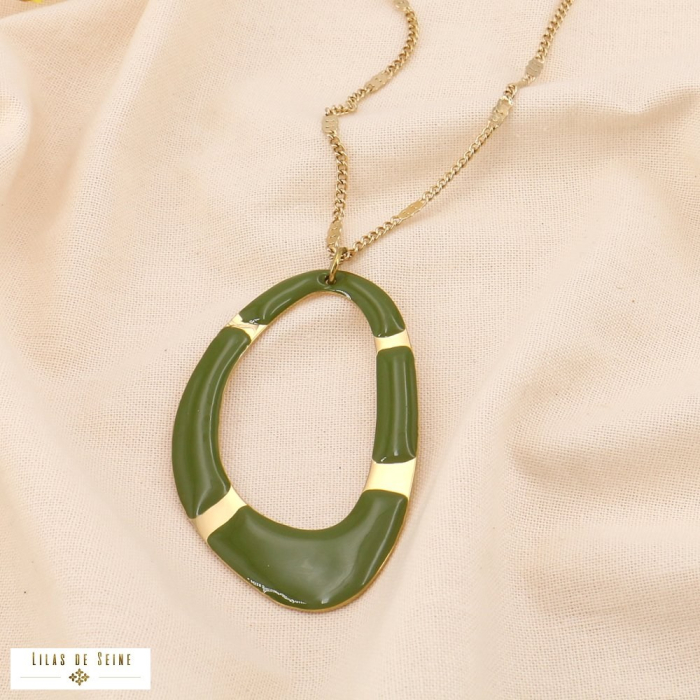 Collier acier inoxydable émail géométrique anneau gravé 0124559 vert