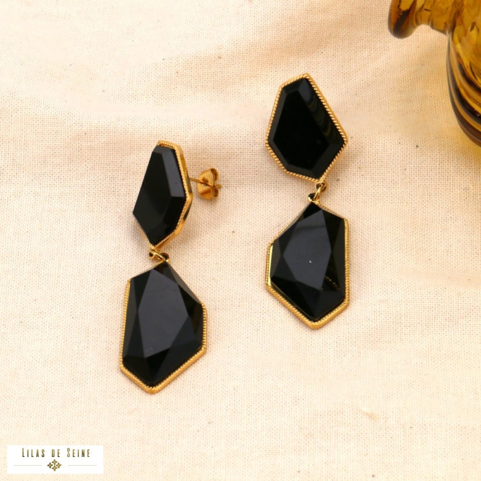 Boucles d'oreilles acier résine géométrique facetté 0323604 noir