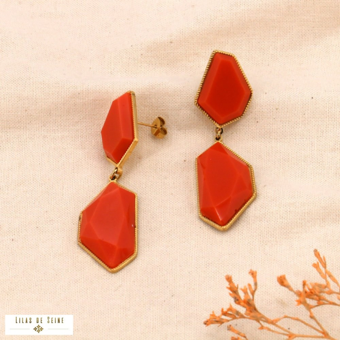 Boucles d'oreilles acier résine géométrique facetté 0323604 orange foncé