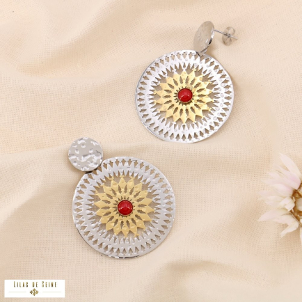 Boucles d'oreilles acier inox martelé rosace cabochon pierre 0324535 rouge
