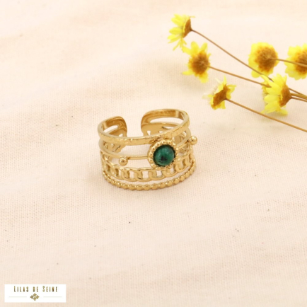 Bague multi anneaux acier inoxydable cabochon pierre 0424023 vert foncé