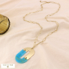 Sautoir vintage pendentif acier inoxydable résine marbrée 0124561 bleu turquoise