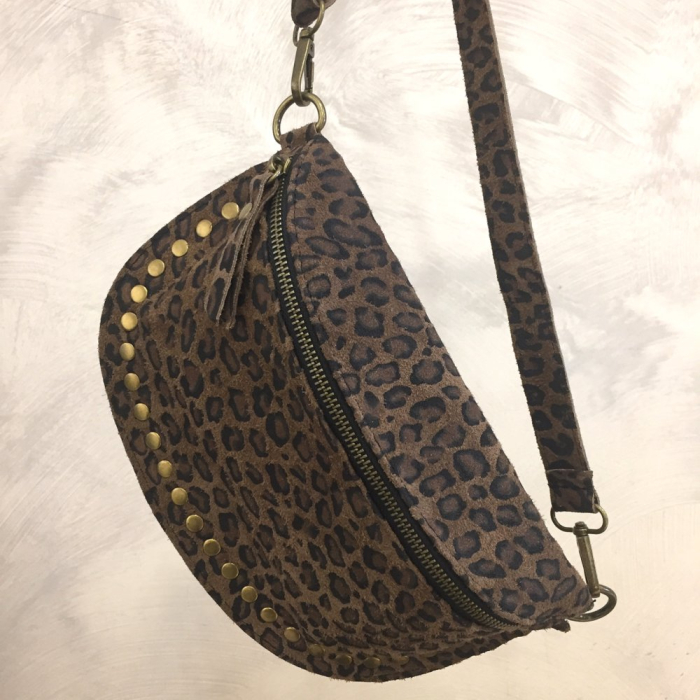 Sac banane cuir véritable daim clous 0924517 marron