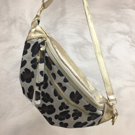 Sac banane cuir véritable léopard métallisé 2 zip 0924519 doré