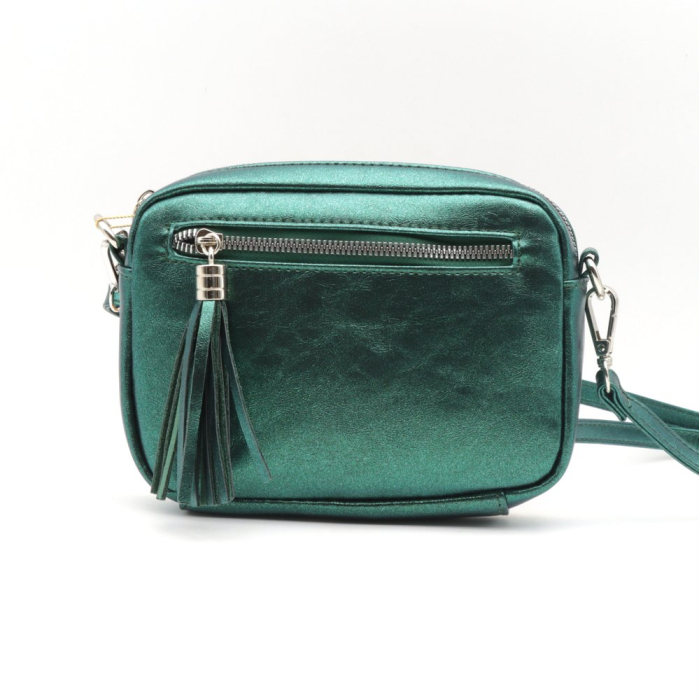 Petit sac arrondis bandoulière mousqueton amovible simili-cuir grainé fermoir pompon 0923503 vert sapin