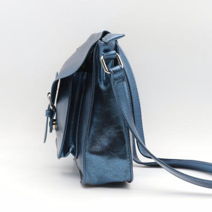 Sac cartable en simili-cuir souple brillant multi-poches bouton aimant et bandoulière pour femme 0923504 bleu