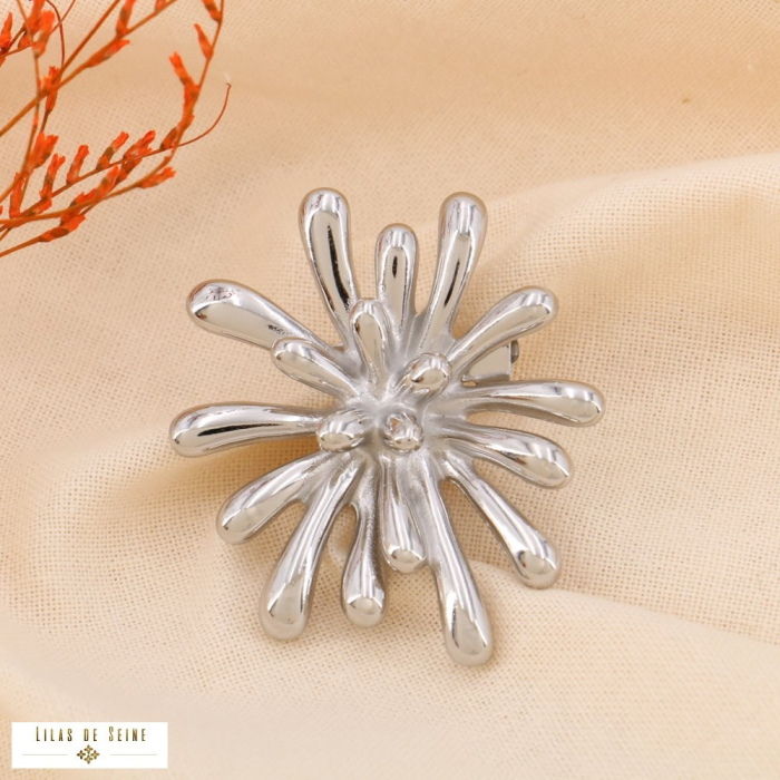 Broche épingle arrondie fleur feu d'artifice acier inoxydable 0524508 argenté