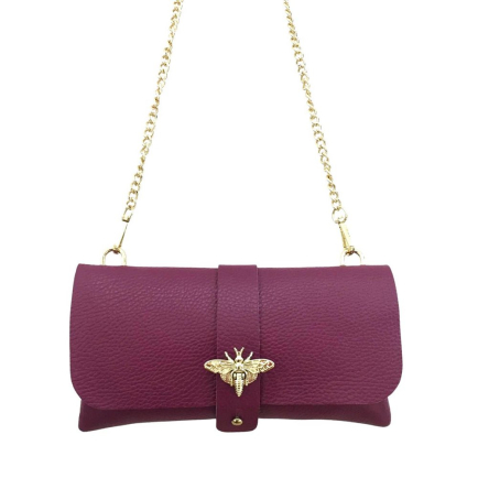 Sac à bandoulière chaîne pochette cuir véritable irisé rabat abeille femme 0922518 mauve