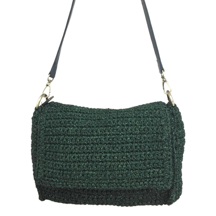 Sac souple à bandoulière fils tressé polyester métallisé bandoulière cuir 0922552 vert bouteille