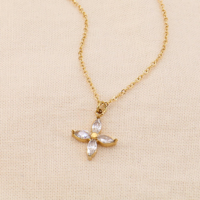 Collier minimaliste acier inoxydable pendentif fleur strass 0124519 doré