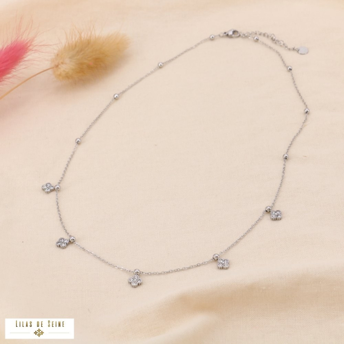 Collier minimaliste acier inoxydable breloque trèfle strass 0124542 argenté