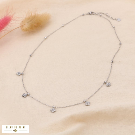 Collier minimaliste acier inoxydable breloque trèfle strass 0124542 argenté