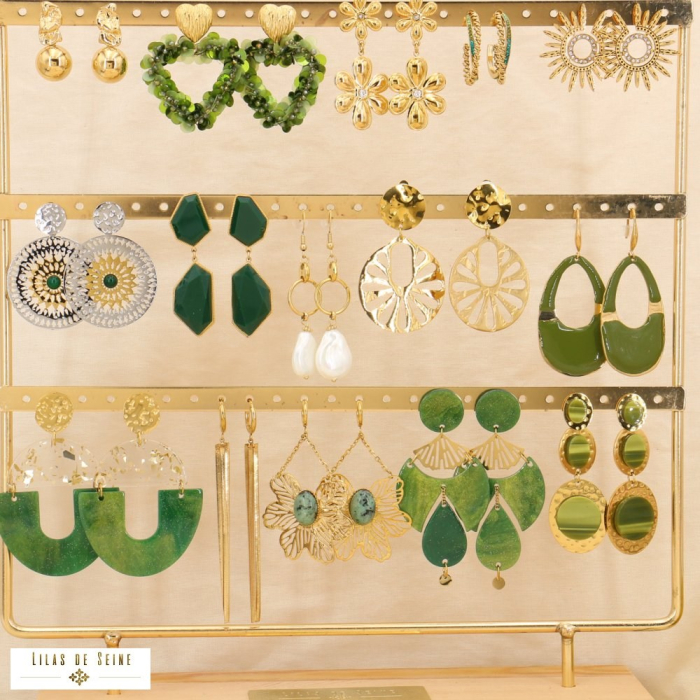 Ensemble de 15 paires de boucles d'oreilles acier inoxydable 0324584 vert