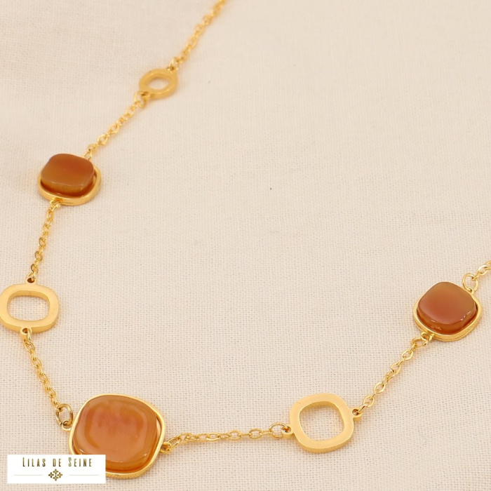 Collier squircle motif rayure acier inoxydable acrylique 0123545 orange