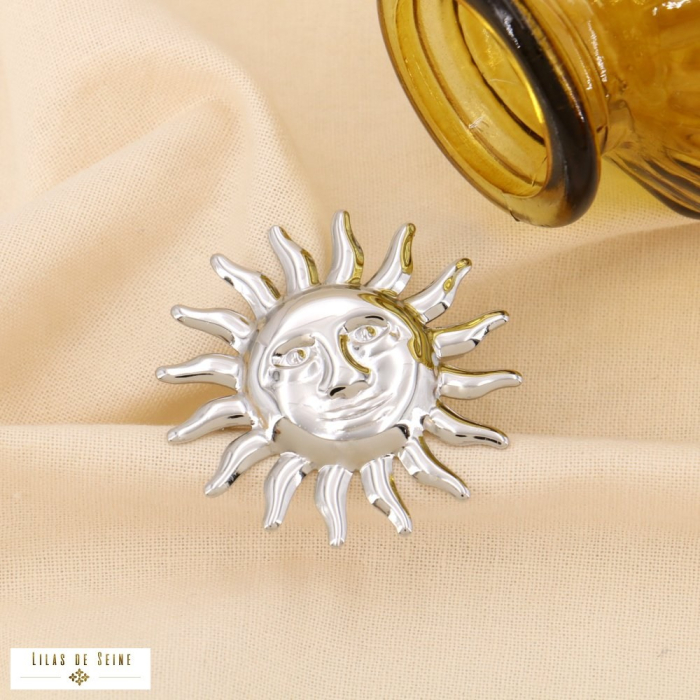 Broche épingle acier inoxydable soleil visage 0524509 argenté