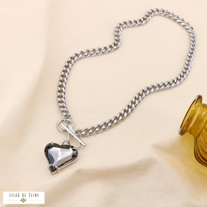 Collier cœur grosse maille gourmette acier fermoir bâton 0124551 argenté