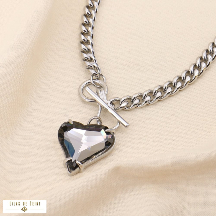 Collier cœur grosse maille gourmette acier fermoir bâton 0124551 argenté