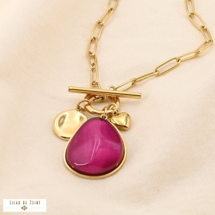 Collier acier inox résine forme galet coeur fermoir à barre 0124548 violet