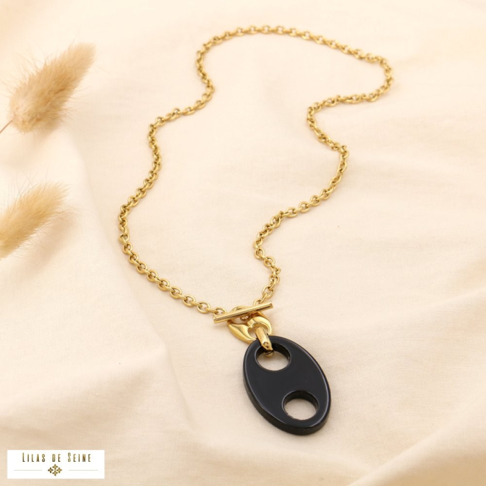 Collier acier inoxydable résine grain de café fermoir à barre 0124554 noir