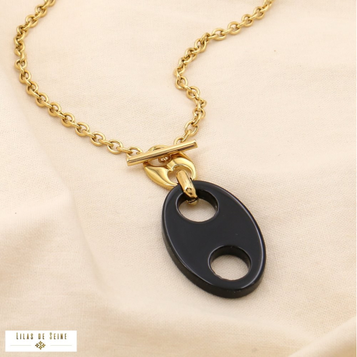 Collier acier inoxydable résine grain de café fermoir à barre 0124554 noir