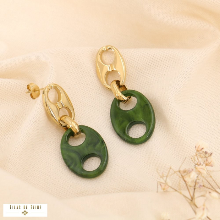 Boucles d'oreilles acier inoxydable résine grain de café 0324576 vert