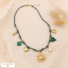 Collier acier inox breloques cordon tressé soleil cœur trèfle 0124572 vert