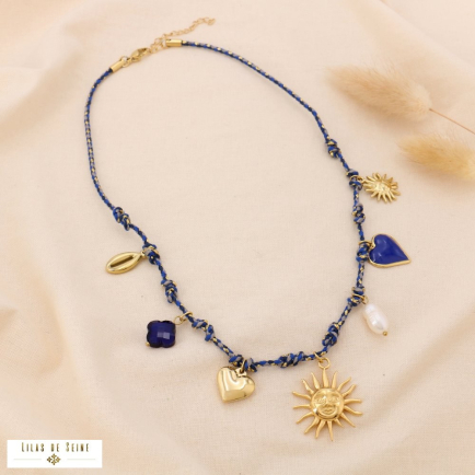 Collier acier inox breloques cordon tressé soleil cœur trèfle 0124572 bleu foncé