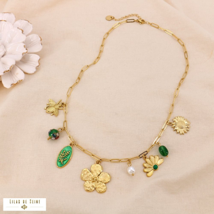 Collier acier inoxydable floral antique breloques émail pierre 0124573 vert