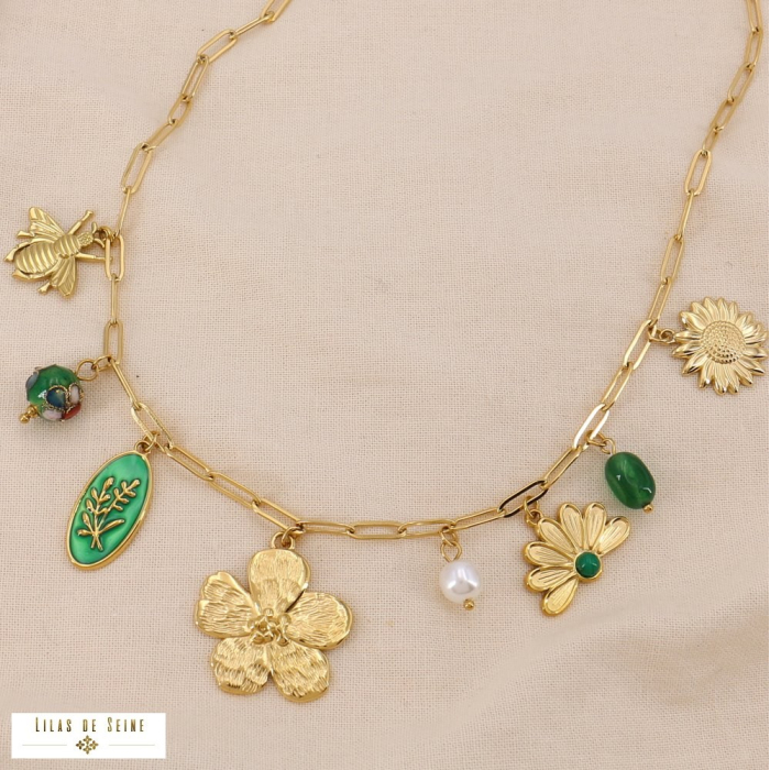 Collier acier inoxydable floral antique breloques émail pierre 0124573 vert