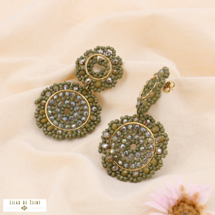 Boucles d'oreilles acier inoxydable broderie cristal corail 0324544 vert kaki