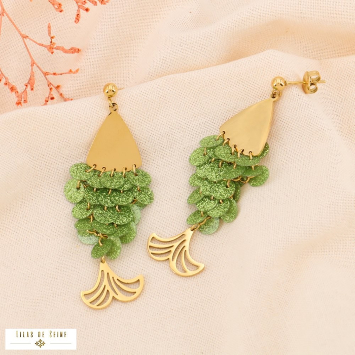 Boucles pendantes acier inoxydable poisson sequin paillette 0324548 vert foncé